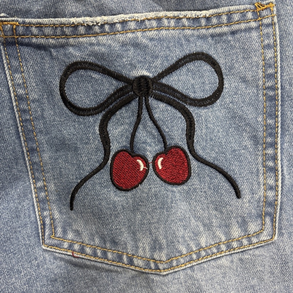 NWT‎ Cherry Bow Embroidered Low Rise Baggy Wide Leg Jeans Pocket Denim 15/16